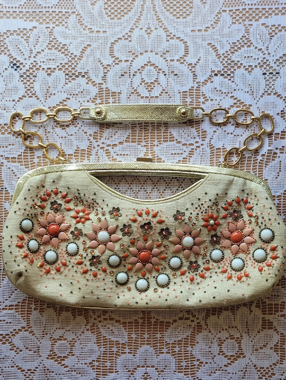 RAFE Canvas Coral and Ivory Floral Beaded Bag